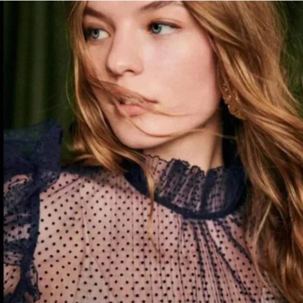 Sézane Navy Sheer Polka Dot Ruffle Blouse - Picture 2 of 8